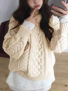 Korean Retro Niche High-End Braided Texture Wool Sweater, Slouchy Japanese Style Pullover Top - Beige - View 2
