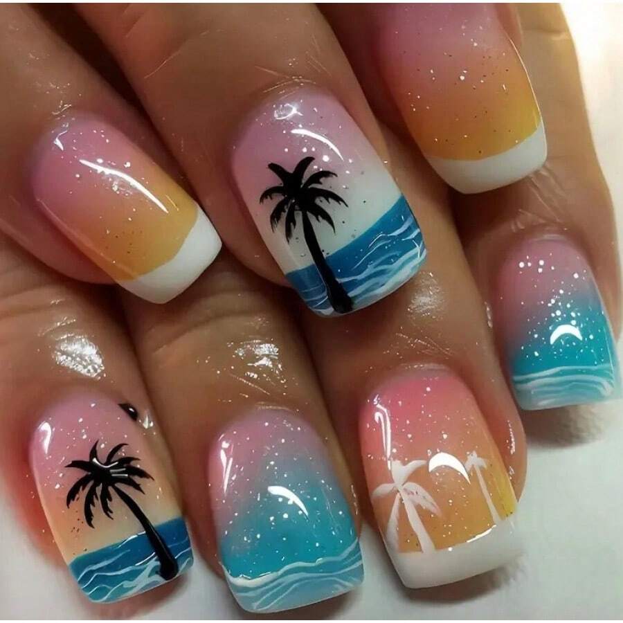 Simple And Fresh White French Manicure With Dreamy Waves And Coconut Trees. Wearable Nail Art. - 1 - 查看 1