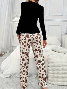 2 piezas Conjunto de pijama cómodo y casual para mujer con estampado de dibujos animados, top de manga larga y pantalones - Negro - Ver 4