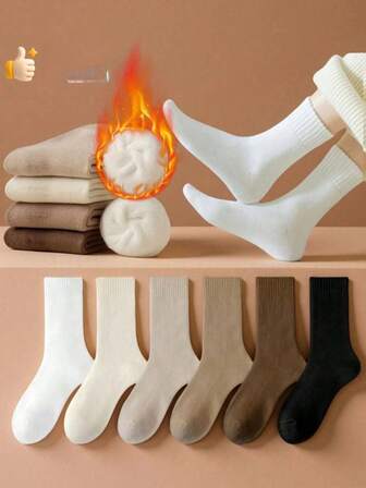 6双装女士保暖加厚毛圈袜，冬季船袜，纯色，可作睡眠袜、地板袜、毛圈袜，黑白纯色