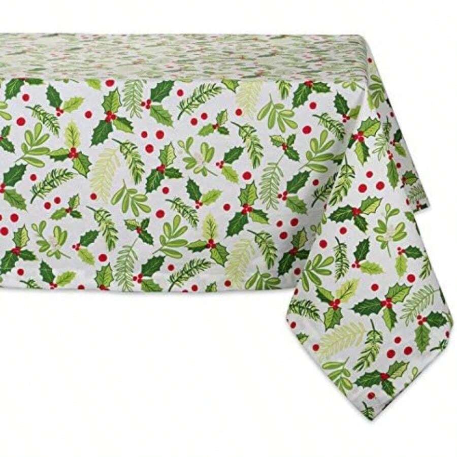 DII Mantel Redondo de algodón de 70 Pulgadas, Ramas de Acebo – Perfecto para cenas, Navidad, día Festivo o Uso Diario(132 x 132 cm (Cuadrado) Boughs of Holly) - Multicolor - Ver 1