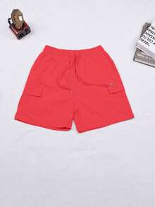 Rave Street Solid Contrast Drawstring Elastic Waist Flap Pocket Straight Leg Spring Casual Cargo Shorts - Red - View 7