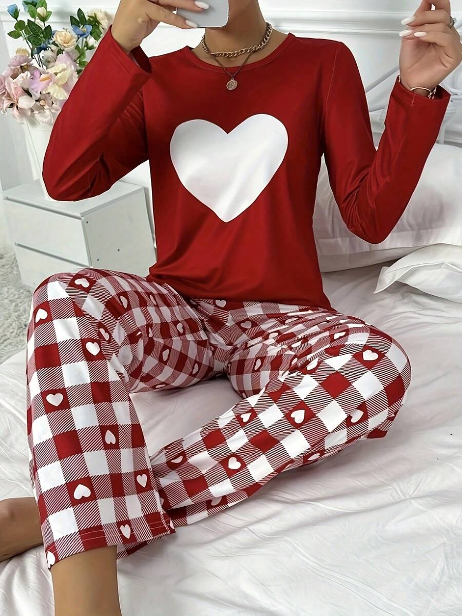 2pcs Casual Comfortable Heart Print Pajama Set, Red Plaid Long Sleeve Top And Pants Sleepwear - Red - View 1