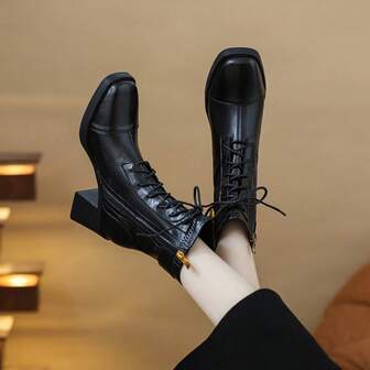 Botas cortas versátiles de tacón grueso y punta cuadrada con cremallera lateral, botas para mujer de estilo vintage