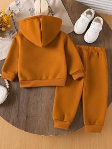 Toddler Boys' Fashionable Letter K Crown Print Hoodie And Pants Set, Autumn/Winter - Rust Brown - View 2