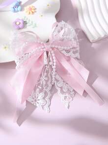 1pc Fashion Big Bow Lace Trim Faux Pearl Tassel Butterfly Hair Clip, Girls Party Accessory Gift - Multicolor - View 3