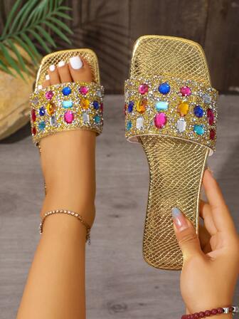 Sandalias de mujer de talla grande, nuevas, de estilo casual, cómodas, con perlas y rhinestones, de moda, antideslizantes, aptas para uso interior y exterior