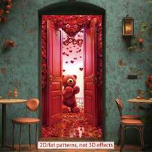 1 pieza Cubierta de puerta plana 2D Oso rojo de San Valentín Banner de rosa de la habitación Cubierta de puerta de poliéster, decoración de habitación, banner colgante de fiesta, decoración navideña, suministros de fiesta, decoración de interiores. - Multicolor - Ver 7