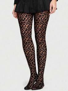 女式豹纹网眼透视图案紧身哥特式连裤袜，E-Girl - 黑色 - 查看 11