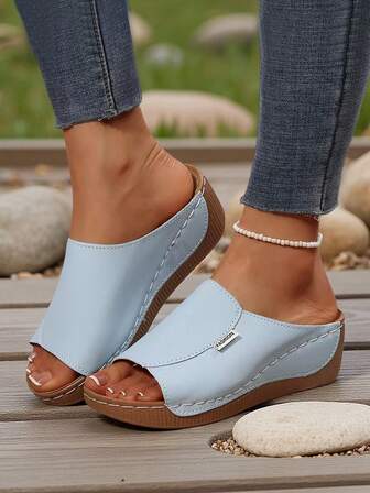 女士撞色厚底凉鞋，休闲露趾厚底平底鞋，舒适沙滩一脚蹬