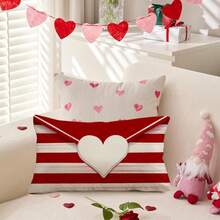 1PC Striped Envelope Red Heart Valentine's Day Pillowcase, 12x20 Inch Red And White Anniversary Wedding Sofa Cushion Cover, Single-Sided, Pillow Insert Not Included - Red and White - View 1