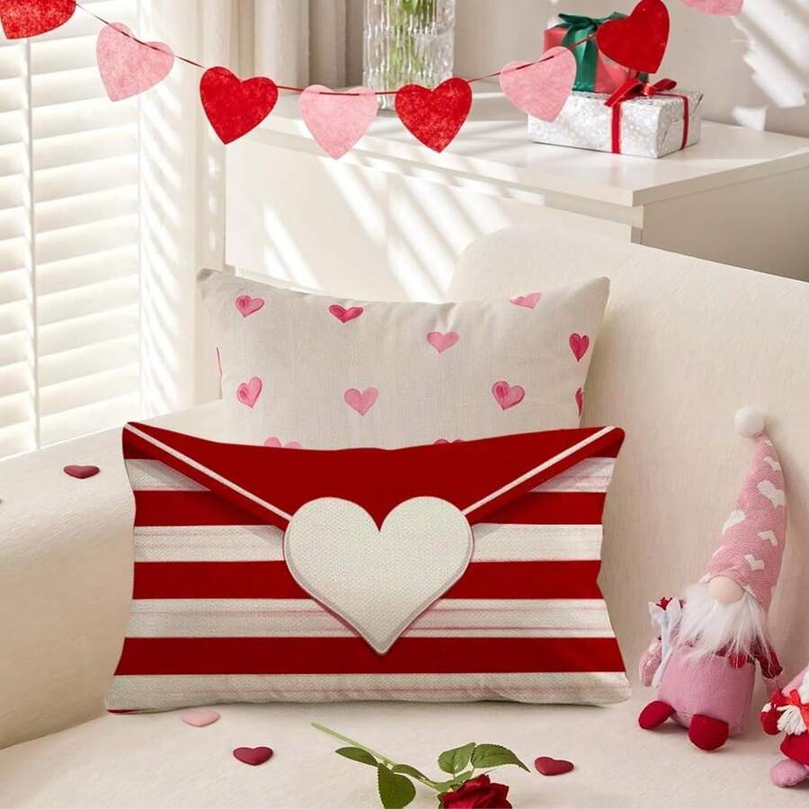 1PC Striped Envelope Red Heart Valentine's Day Pillowcase, 12x20 Inch Red And White Anniversary Wedding Sofa Cushion Cover, Single-Sided, Pillow Insert Not Included - Red and White - View 1