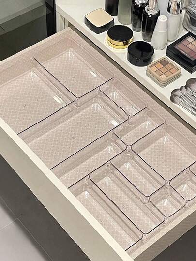 1pc/18pcs/Transparent Plastic Desktop Storage Tray, Drawer Finishing Set, Cosmetic Storage Box, Suitable For Storing Cosmetics And Jewelry, Can Be Used In Bathrooms And For Placing Small Items, Can Also Be Used In Bedrooms And Offices, For Vacation, Beach, Bathroom Collection, Bedroom Collection, Large Capacity
