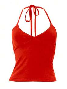 Minimalist Halter Top With V-Neck And Neck Tie - Summer - Red - View 5