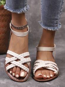 2025 Summer New Coffee Brown Woven Leather Lace-Up Flat Sandals With Buckle, Suitable For Women; Women's Ankle Strap Flat Sandals, Black Mule, Elegant Faux Suede Casual Shoes; Summer Open Toe Slides; Lace-Up Sandals; Slippers - Beige - View 3