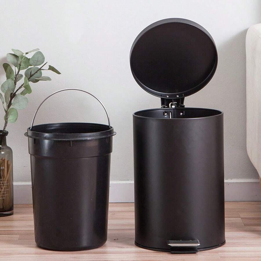 1 pieza Cubo de basura redondo con tapa negra mate, apertura y cierre silencioso, accionado por pedal, cubo interior extraíble con asa de metal, conveniente para la cocina, la sala de estar y el dormitorio - Multicolor - Ver 1