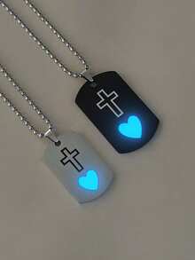 2pcs/Set SHEISFREEDOM Glow-In-The-Dark Couple/Friendship Stainless Steel Heart & Cross Pendant Necklace & Bracelet Set, Casual Jewelry Suitable For Daily Wear And Holiday Gifts, Comes With Brand Box
