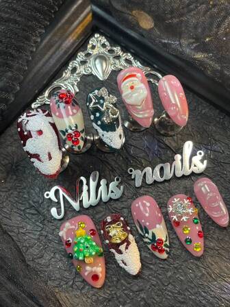 Get Romantic With Hand Made 10pcs Medium Almond Apricot French Tips Funny Full Coverage Fake Nails Set Cute Style Hand Drawn Reindeer Sparkling 3D Three Dimensional Decoration Bead Stars And Flowers&Hinestone Decor Punk Full Cover Press On Nails Suitable For Christmas&New Year Use Kit For Girls And Women With 1Pc Mini NailFile&1 Sheet Adhesive Tabs