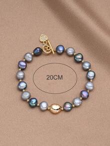 1pc 18K Gold Plated Natural Pearl Heart Bracelet, Gift For Women, Mother's Day, Valentine's Day, Birthday, Wedding, Engagement, Bride - Navy Blue - View 4