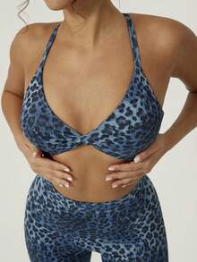 1 Set Women's Leopard Print Elastic Criss-Cross Front & Back Sports Bra And Leggings Activewear Set - Blue - View 7