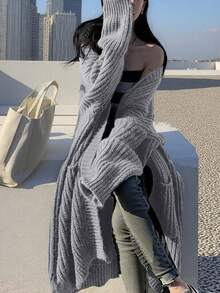 纯色前开宽松针织开衫，休闲长袖长款带口袋毛衣，女士服装 - 淺灰紫 - 查看 2