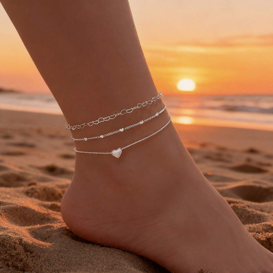 Three Heart-Shaped Anklets For Women, Plated In 925 Silver Or 18K Gold. - 銀色 - 查看 1