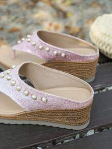 2026 New Women's Rivet Decor Sandals, Bohemian Style Fashion Wedge Heels, Summer Open Toe Slip-On High Heel Shoes, Suitable For Party, Date, Wedding And Many Occasions, Design - Baby Pink - View 8