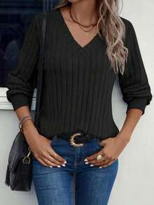 Elegantes Rippstrick-Patchwork-T-Shirt in Große Größen mit V-Ausschnitt, minimalistischer Modestrick-Top für Frauen, Herbst/Winter