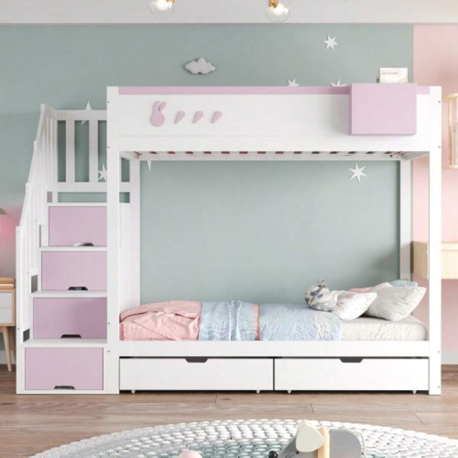 Beliche infantil, 90*200 cm, com motivos de coelho e cenoura, prateleira removível para arrumação, escada segura para guardar objetos, gavetas, estrado de ripas, cama de casal, branco + azul - Rosa - Ver 1