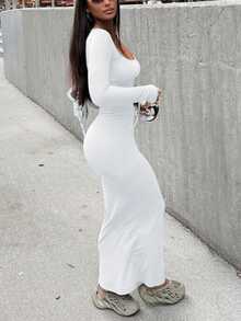 Elegant Long Sleeve Fitted Dress - Ribbed Knit Fabric, Round Neck Design, Slim Fit, Easy To Create Fashionable Look. Tip: For A More Fitted Effect, It Is Recommended To Choose One Size Smaller. - White - View 2