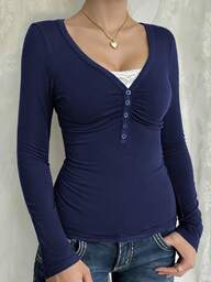 Damen T-Shirt Y2K Herbstkleidung Lässig Alltag Sexy einfarbig Spitze Kontrastfarbe Slim Langarm V-Ausschnitt Top