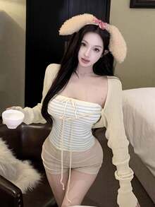 两件套性感条纹露脐吊带背心和长袖针织开衫套装，时尚设计，适合春夏穿着，新年、外出、通勤、约会皆宜。 - 杏色 - 查看 5
