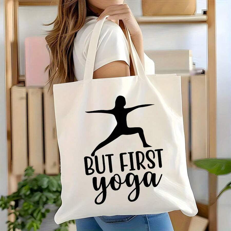 1pc "But First Yoga" Yoga Tote Bag With Yoga Pose Print - Large Capacity Durable Canvas-Like Reusable Grocery Bag, White & Black Yoga Enthusiast Gift For Women, Gym, Pilates, Meditation, Yoga (Sturdy Carry Handle - 白色 - 查看 1