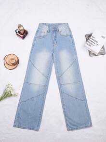Y2K Elegant Vintage Street Style Patchwork Pocket Distressed Loose Wide Leg Jeans, Casual For Office, Outing, Date, Autumn - Blue - View 6