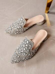 女士时尚水钻休闲套脚中跟尖头百搭鞋，适合居家、派对、四季穿着 - 金色 - 查看 1