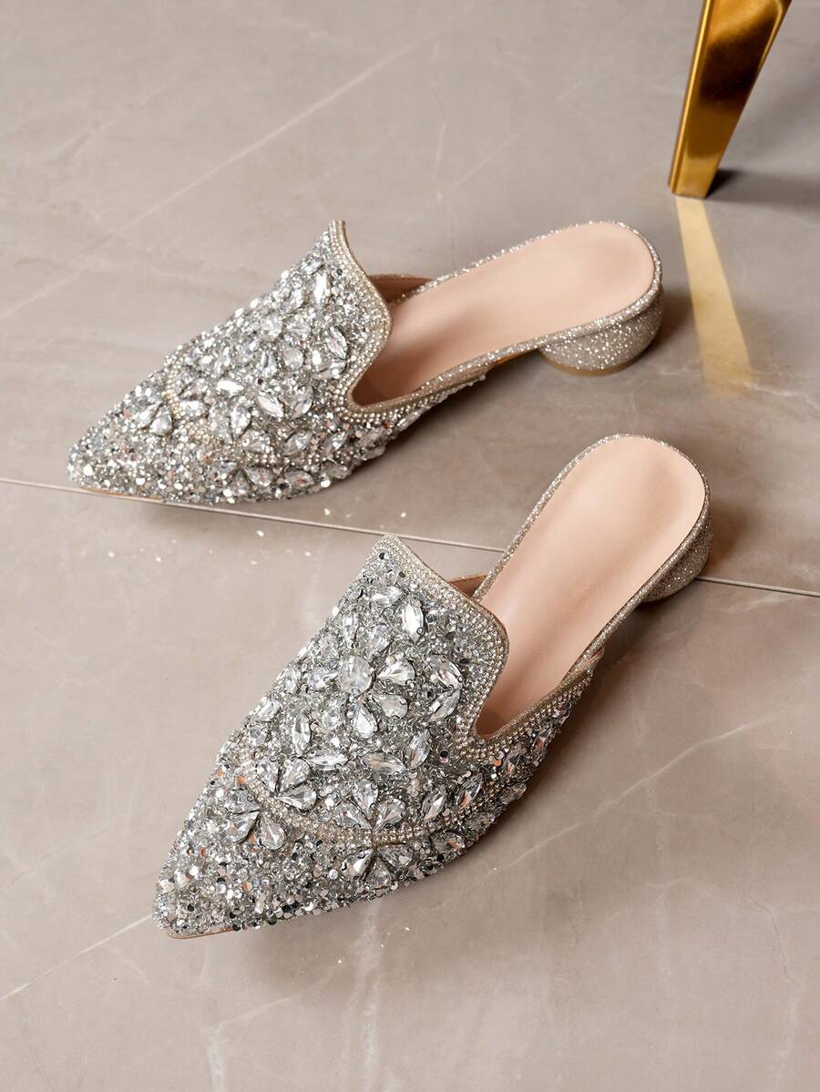 女士时尚水钻休闲套脚中跟尖头百搭鞋，适合居家、派对、四季穿着 - 金色 - 查看 1