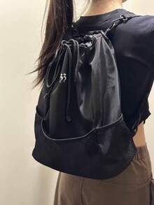 Balo rút dây phong cách Hàn Quốc Back To School, Du lịch, Đi làm, Ngoài trời, Sử dụng hàng ngày, Phù hợp cho nữ sinh viên đại học, Balo gấp gọn dung tích lớn - màu đen - Xem 4