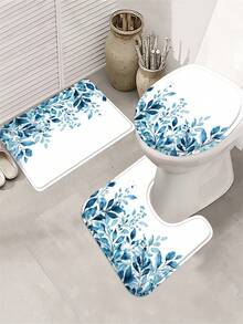 1/3/4-Piece Shower Curtain Bathroom Set, Simple Blue Leaf Pattern, Waterproof And Durable Accessories, With 12 Hooks - Includes Toilet Seat Cover, Bath Mat And Rug - Non-Slip Polyester Fabric - Washable - Perfect For Holiday Decorations, Home/Bedroom/House/Western Style Decor. - Multicolor - View 3