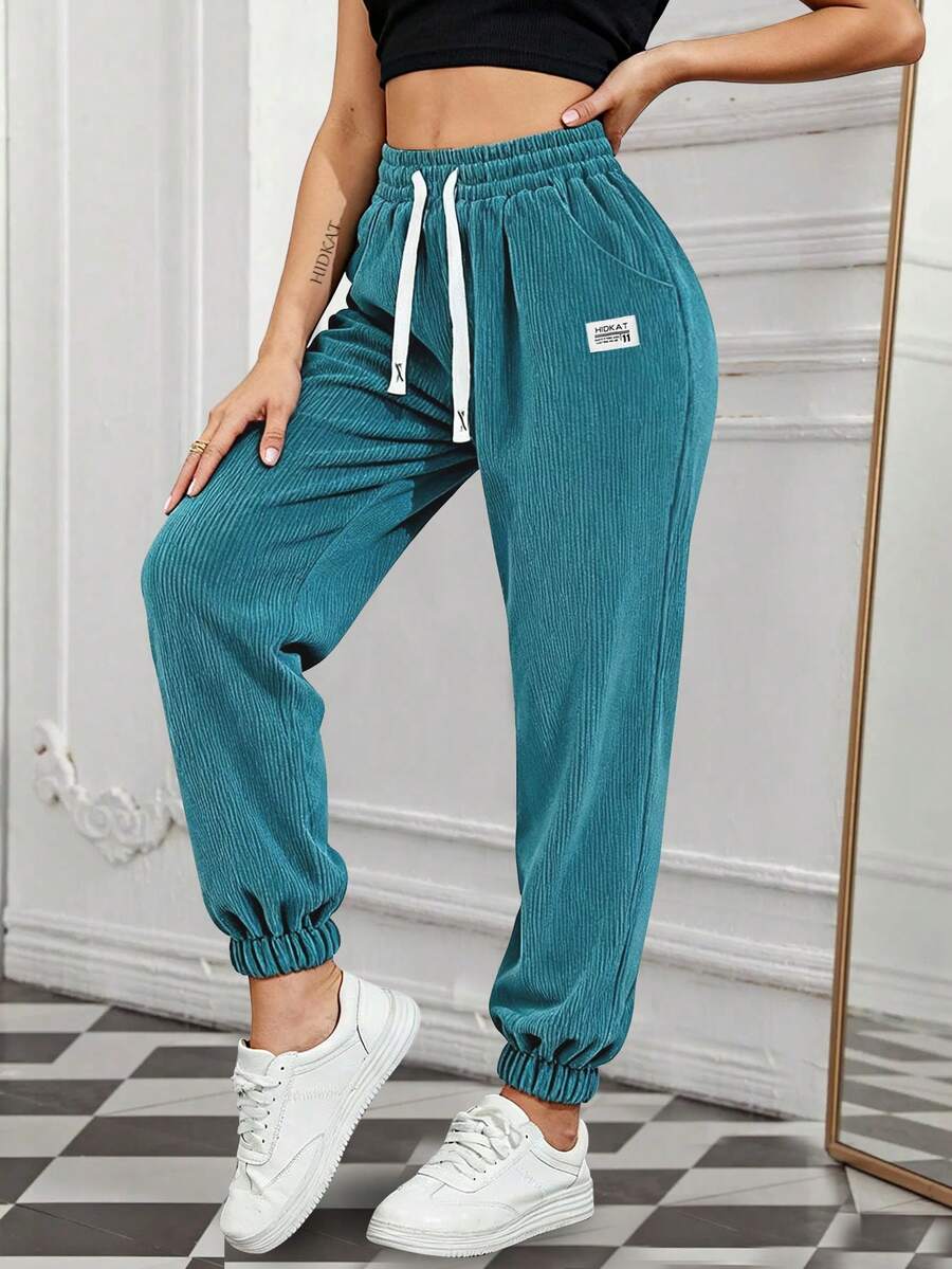 女士灯芯绒休闲运动裤，纯色口袋，舒适日常休闲慢跑裤，适合春秋季穿着，弹性腰带配抽绳，纯色休闲裤，适合跑步、瑜伽、健身、网球、高尔夫、户外活动，Y2K 女孩街头风