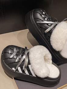 أحذية منزلية سميكة الوحدة ذات الفراء المجوفة، أحذية زوجية مغلقة الأصابع مصنوعة من مادة EVA دافئة للخريف/الشتاء - الأسود - مشاهدة 6