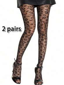 女式豹纹网眼透视图案紧身哥特式连裤袜，E-Girl - 黑色 - 查看 14