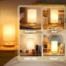 AWYYDesk Lamp LED Bulb Included Small Bedside Table Lamp Plug-In - Classic Wood Base With Flaxen Fabric Shade Lamps For Night Stands Simple Nightstand Light For Bedroom Office Desk - 亞麻白 - 查看 4