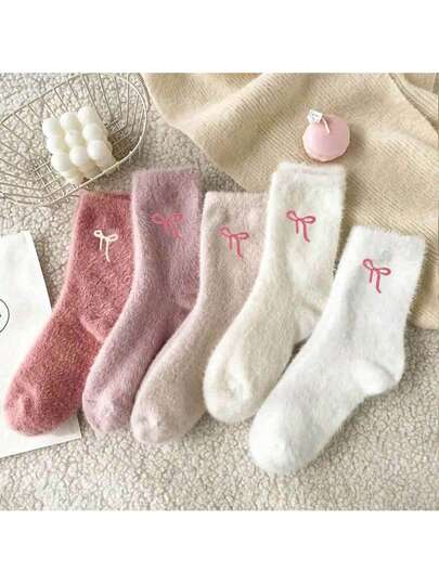 5 pares de calcetines medianos con lazo de felpa para mujer, calcetines gruesos y cálidos para dormir, set de color rosa