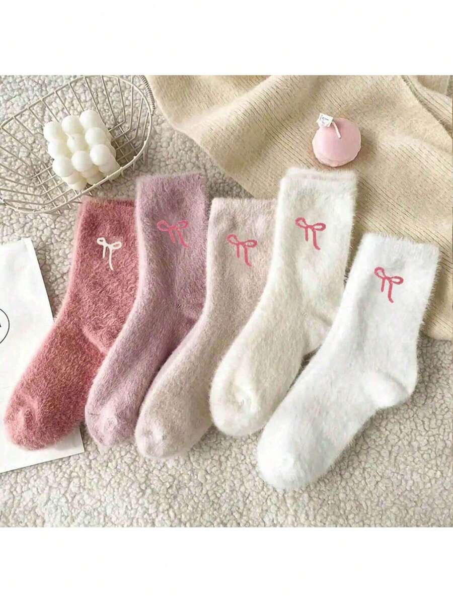 5 Pairs Women's Plush Bow Mid-Calf Socks, Warm Thick Sleeping Socks, Pink Set - Multicolor - View 1