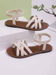 2025 Summer New Coffee Brown Woven Leather Lace-Up Flat Sandals With Buckle, Suitable For Women; Women's Ankle Strap Flat Sandals, Black Mule, Elegant Faux Suede Casual Shoes; Summer Open Toe Slides; Lace-Up Sandals; Slippers - Beige - View 5