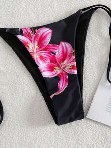 Conjunto de bikini de verano con estampado floral y tirantes finos para mujer - Negro - Ver 6