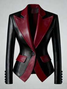 Women's Notched Collar Single-Breasted PU Leather Fashionable Versatile Jacket - Burgundy - View 3