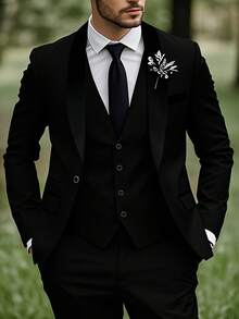 Men's Three-Piece Suit With Shawl Collar, Buttoned Waistcoat, Formal Suit, Trousers - Wedding Attire, Formal Occasion, Evening Party Clothing (Including Only Suit Jacket + Waistcoat + Trousers) - 黑色 - 查看 1