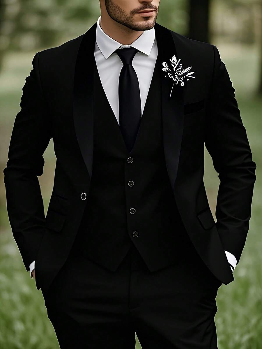 Men's Three-Piece Suit With Shawl Collar, Buttoned Waistcoat, Formal Suit, Trousers - Wedding Attire, Formal Occasion, Evening Party Clothing (Including Only Suit Jacket + Waistcoat + Trousers) - 黑色 - 查看 1