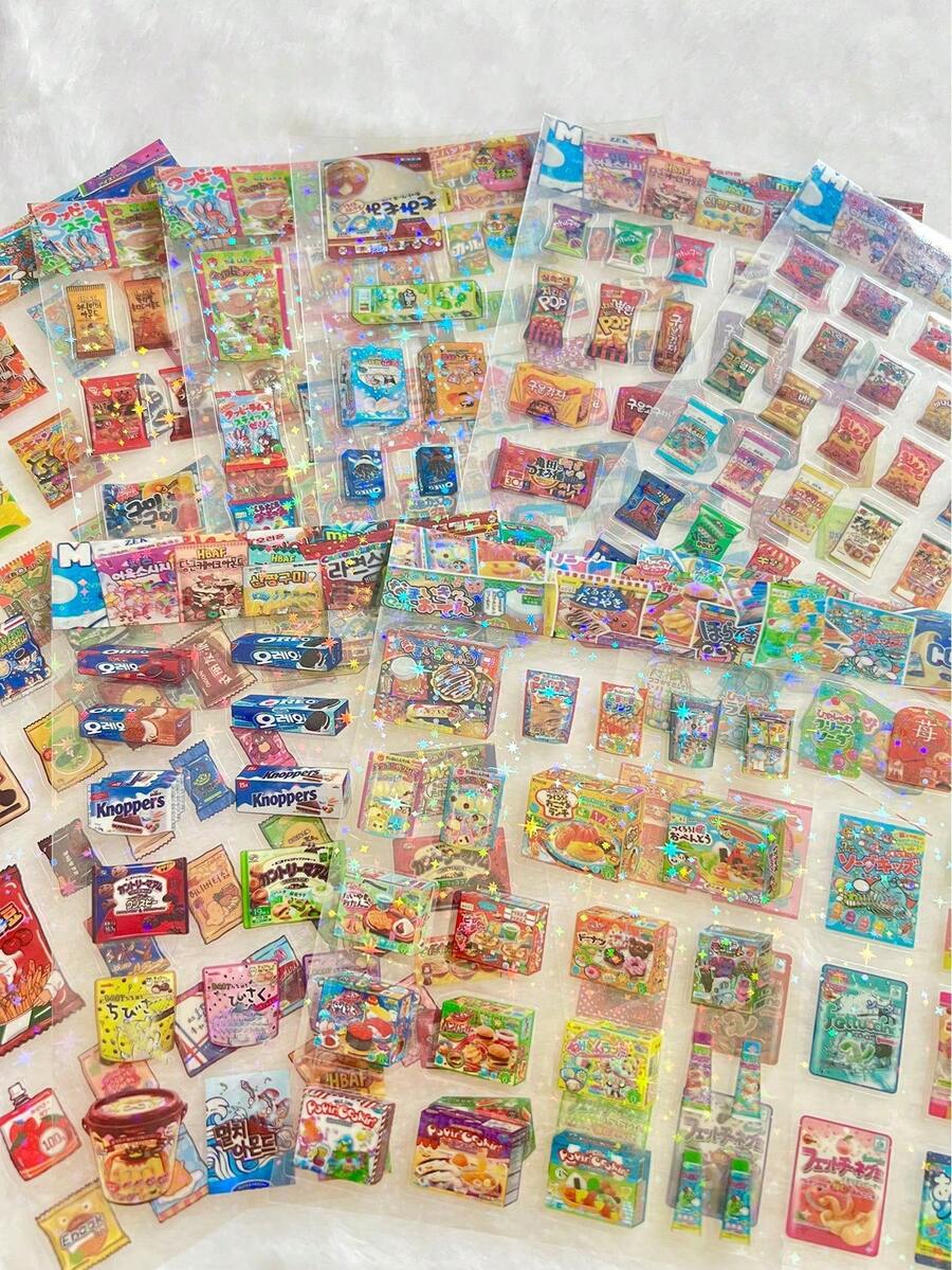 可爱闪亮零食贴纸，透明卡通糖果食物剪贴簿贴纸套装，适用于手机、笔记本电脑、水瓶、杯子、背包、笔记本 - 彩色 - 查看 1